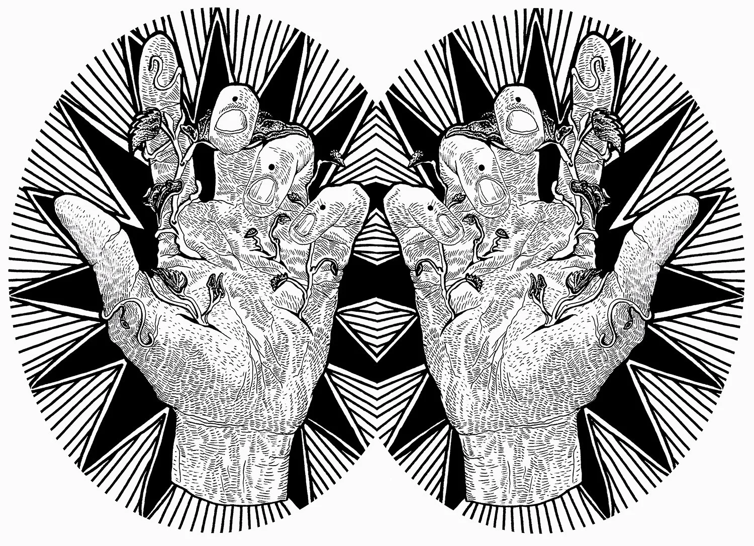 Fire Season, Ink on Bristol, Original 10x8in., Digitally mirrored to 8x10in.