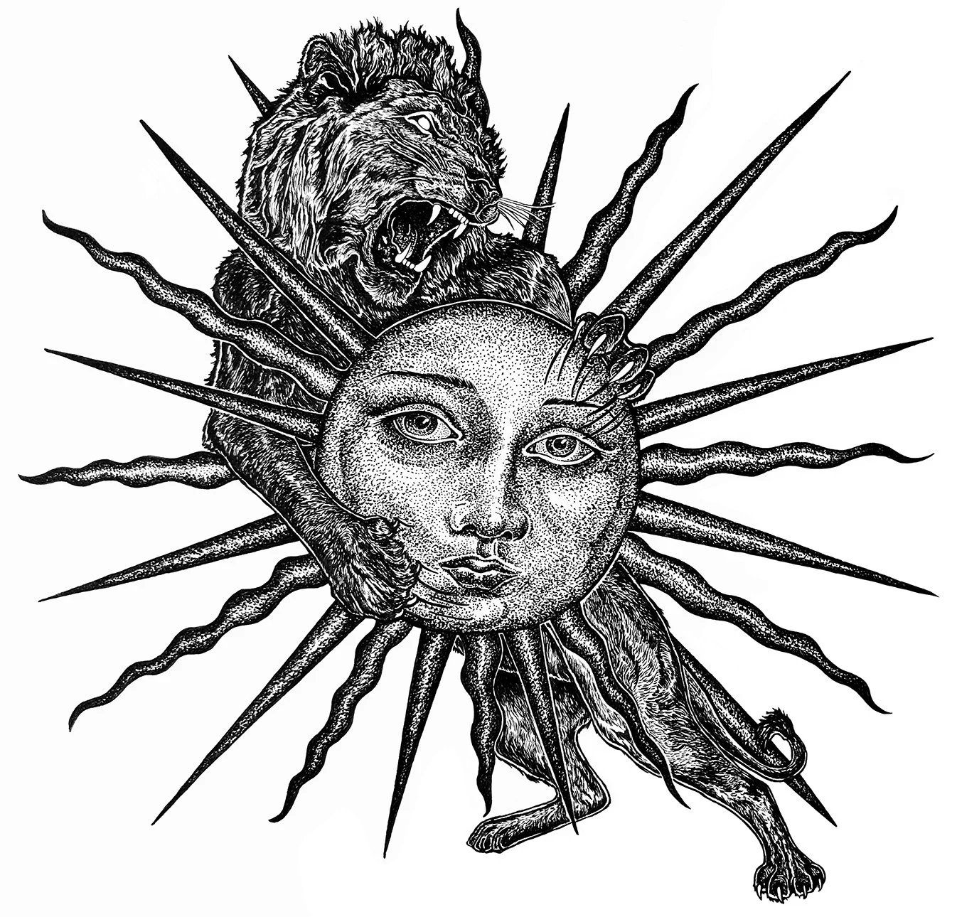 Green Lion Devouring the Sun, Ink on Bristol, 11x11in.