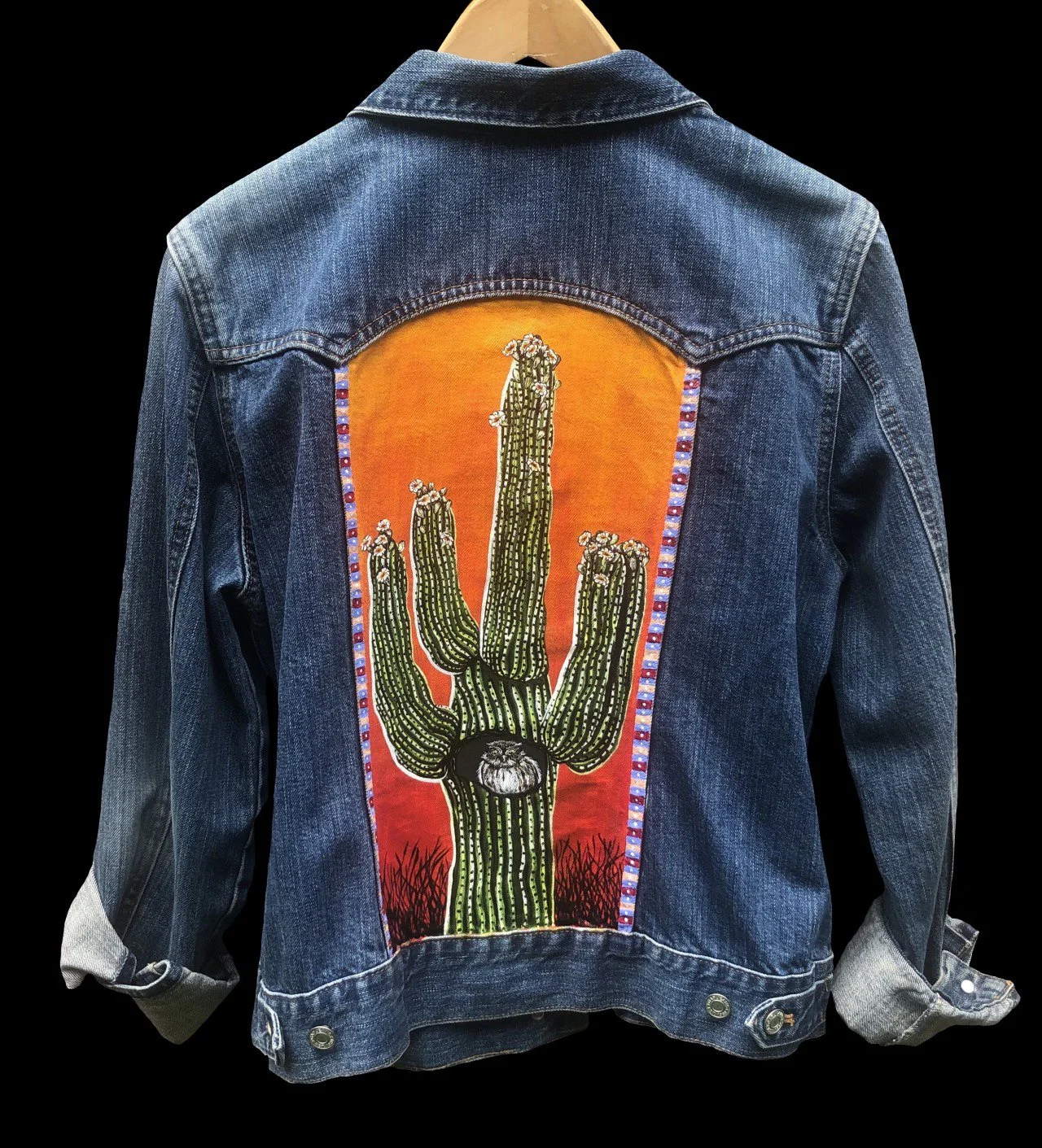 Pygmy Owl in Cactus, Acrylic on jean jacket