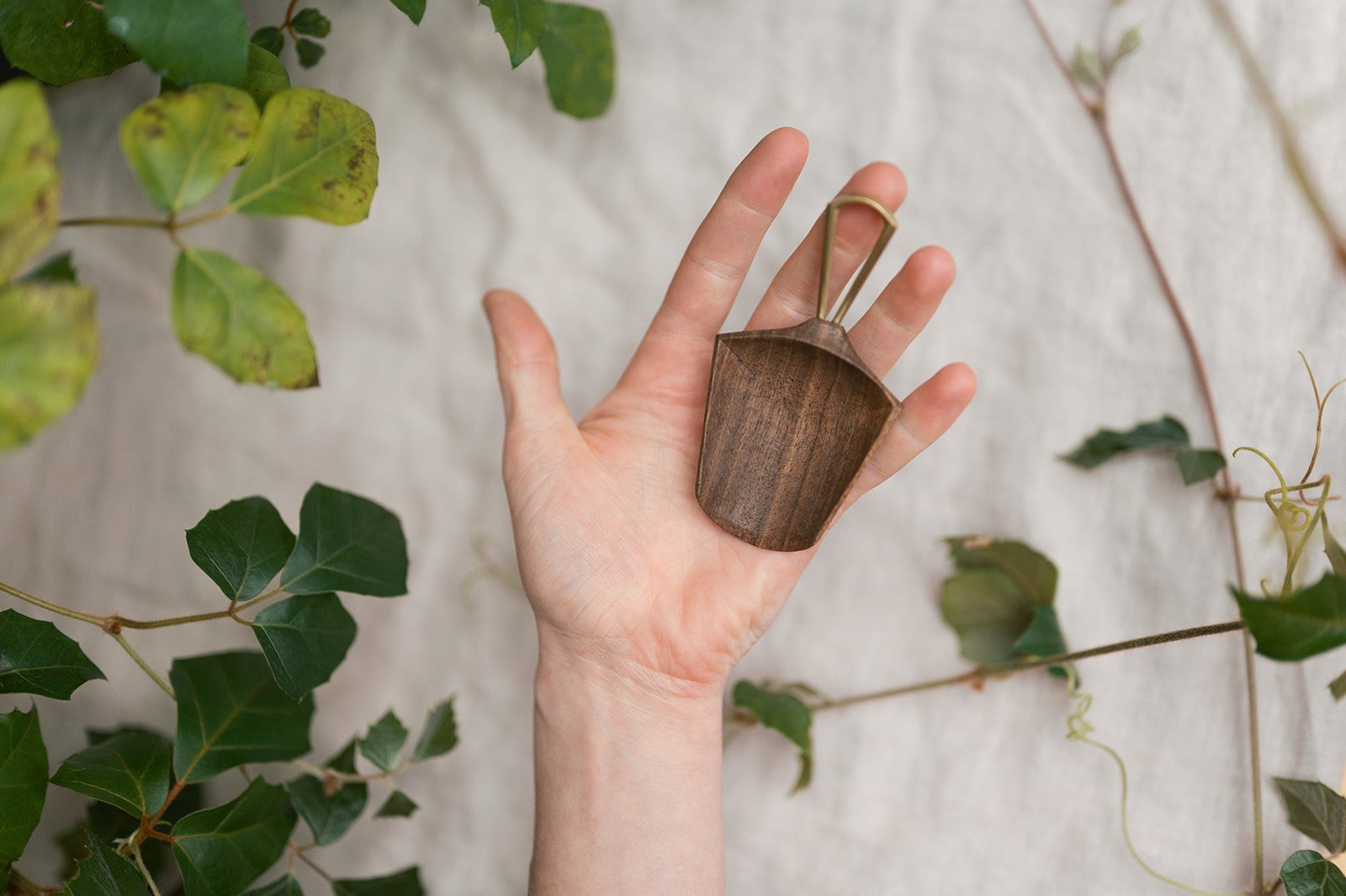 Hand carved Walnut scoop, forged brass handle 