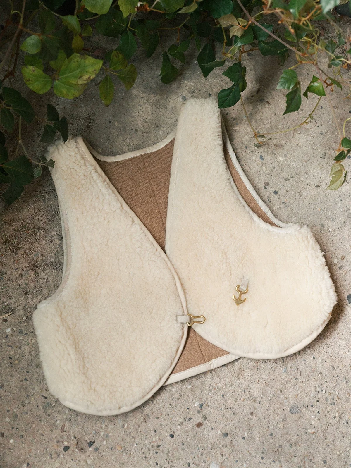 Self drafted sheepskin vest,  cashmere lining, brass clasp