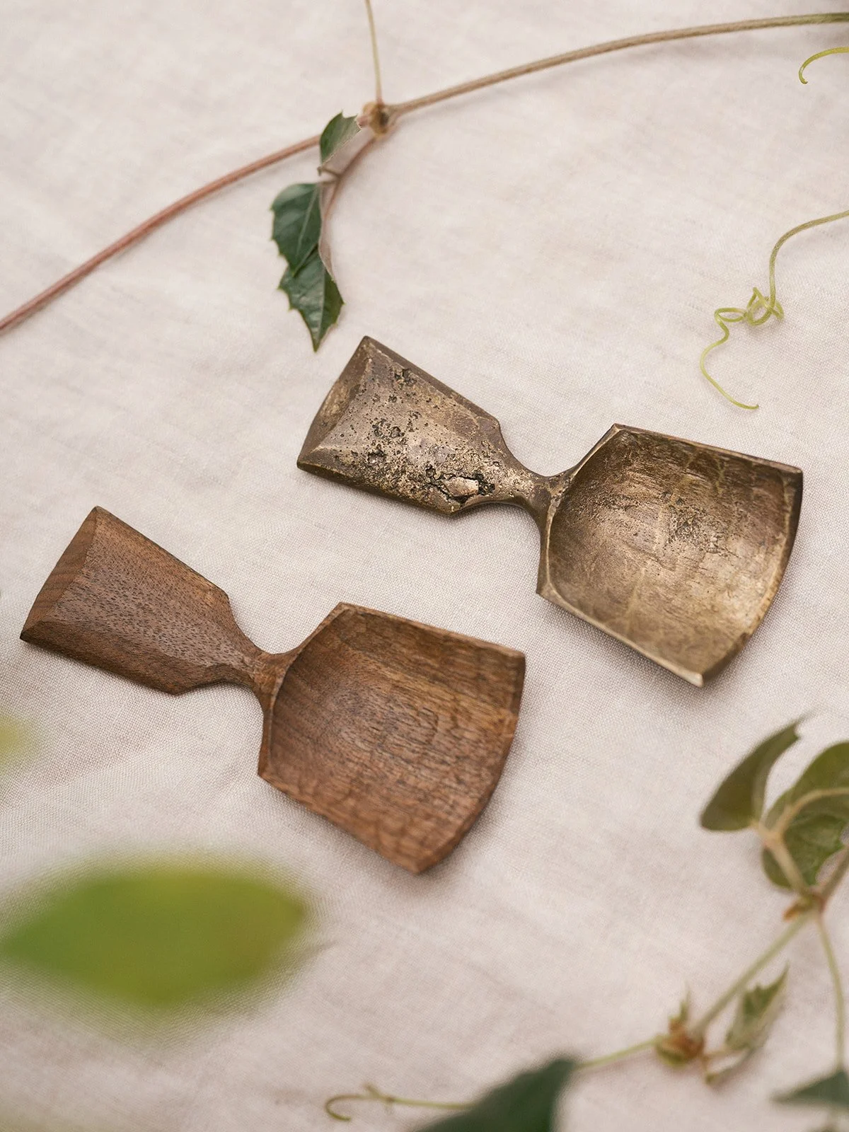 Carved Walnut Scoop and sand cast Bronze Scoop