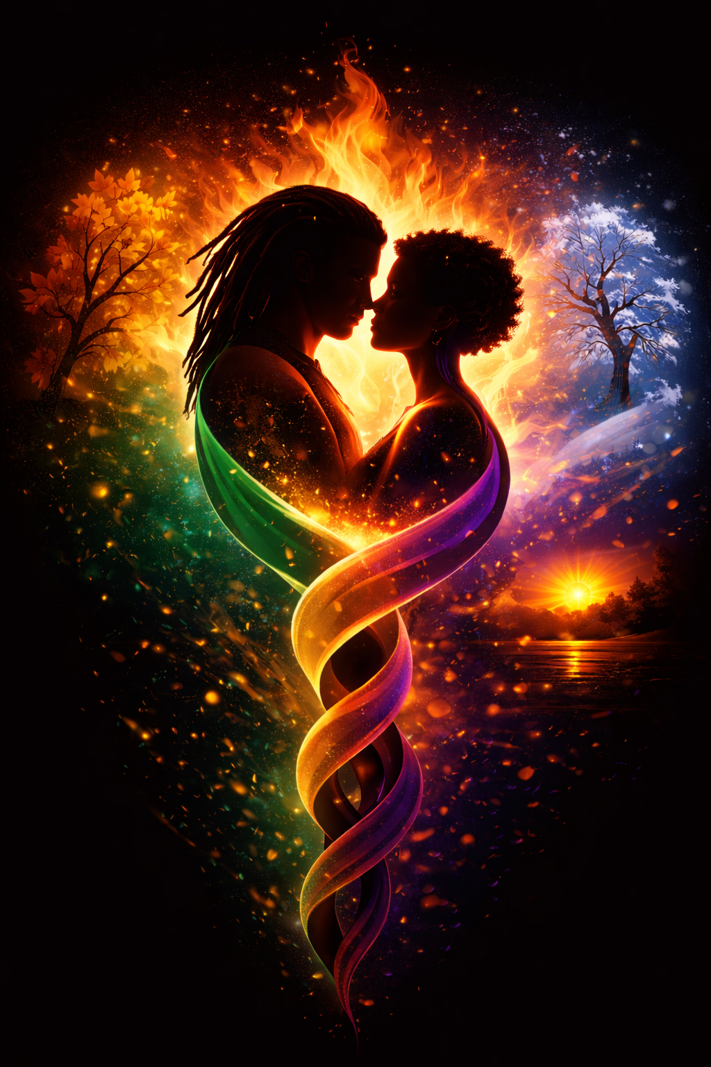 Silhouettes of two women facing each other, intertwined by a glowing, rainbow-colored double helix, with a background of a fiery sunset on one side and a snowy winter scene on the other, symbolizing balance and unity.