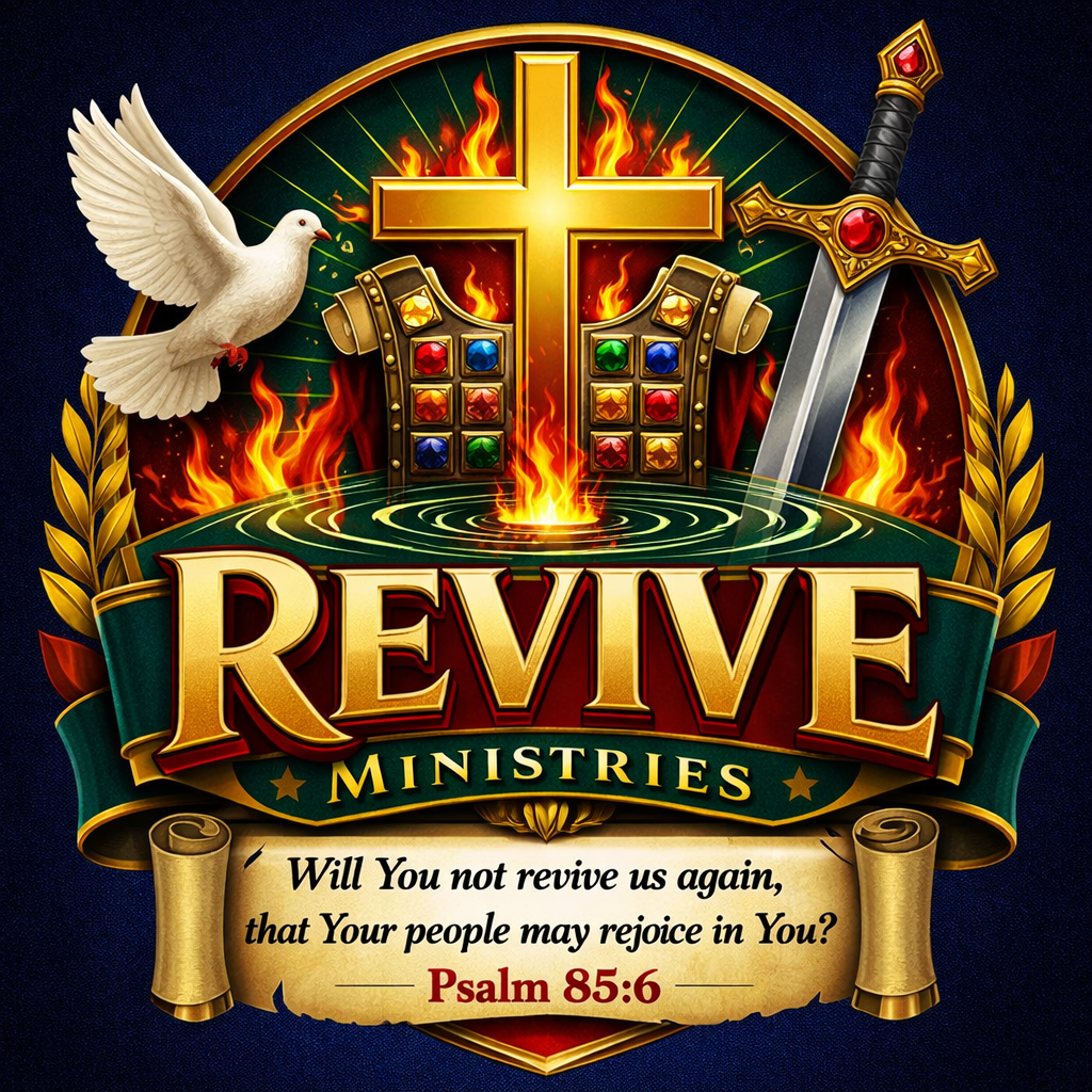 Graphic design for a ministry called 'Revive Ministries' featuring a gold cross with flames, a dove, a sword, colorful gemstones, and a biblical quote from Psalm 85:6.