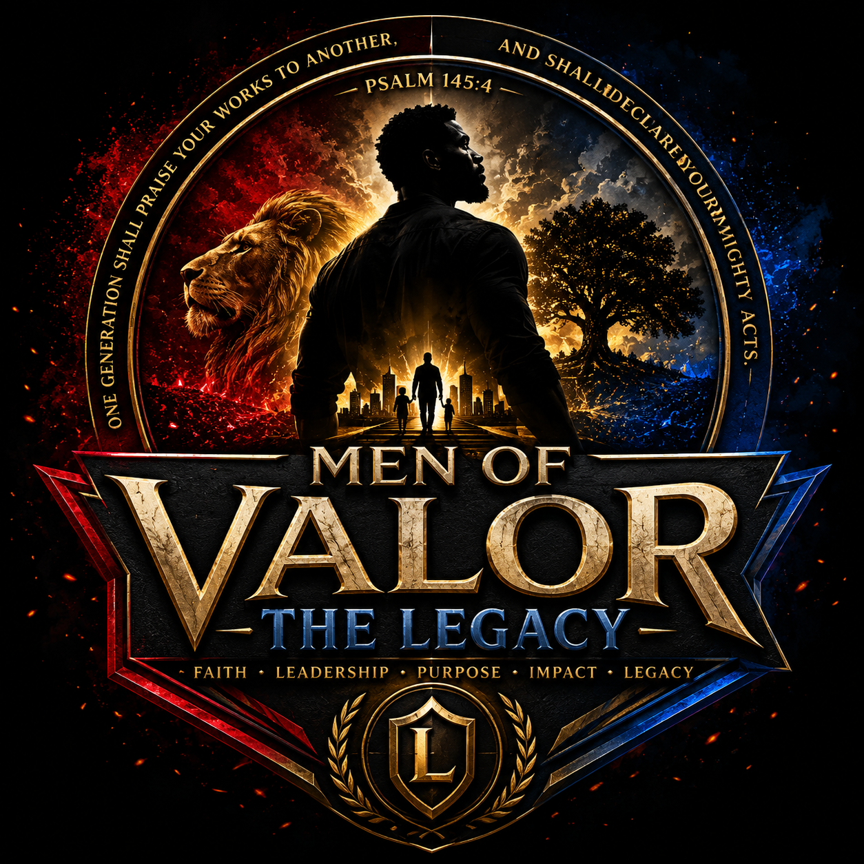 Poster for Men of Valor: The Legacy featuring a silhouette of a man with his children, a lion, and a tree, with a city skyline in the background and a quote from Psalm 145:4 at the top.