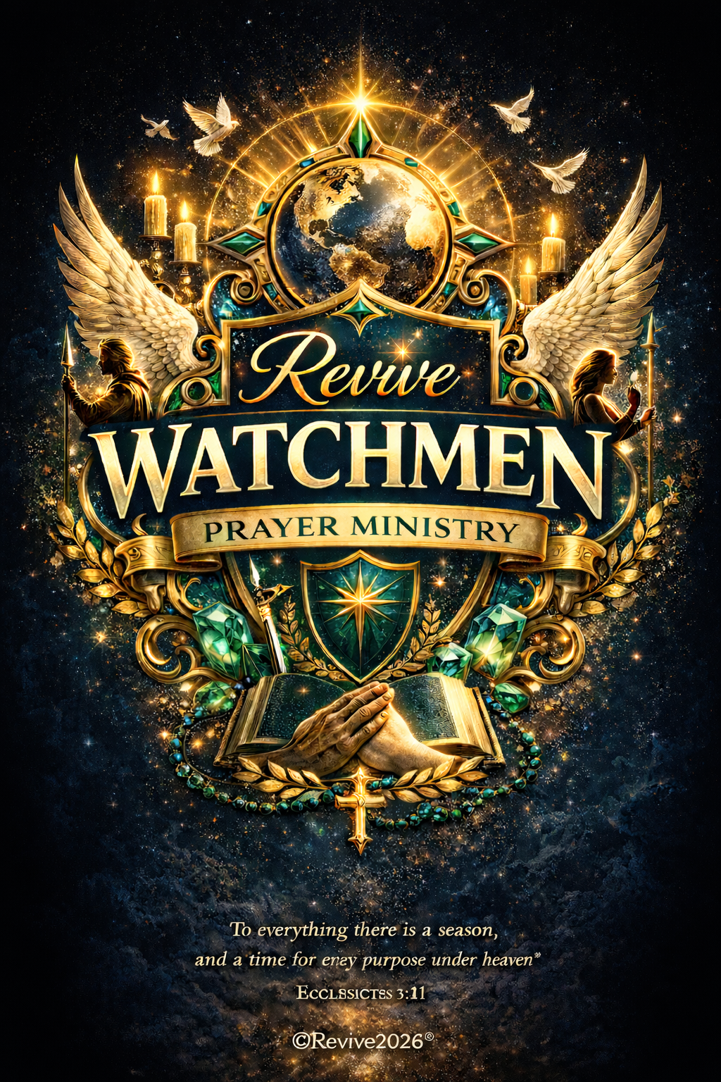 A highly decorative digital design promoting a prayer ministry called 'Revive Watchmen.' Features a globe at the center, wings, candles, doves, crossed swords, a shield, an open book, and biblical scripture from Ecclesiastes 3:11 at the bottom. The background is a starry night sky.