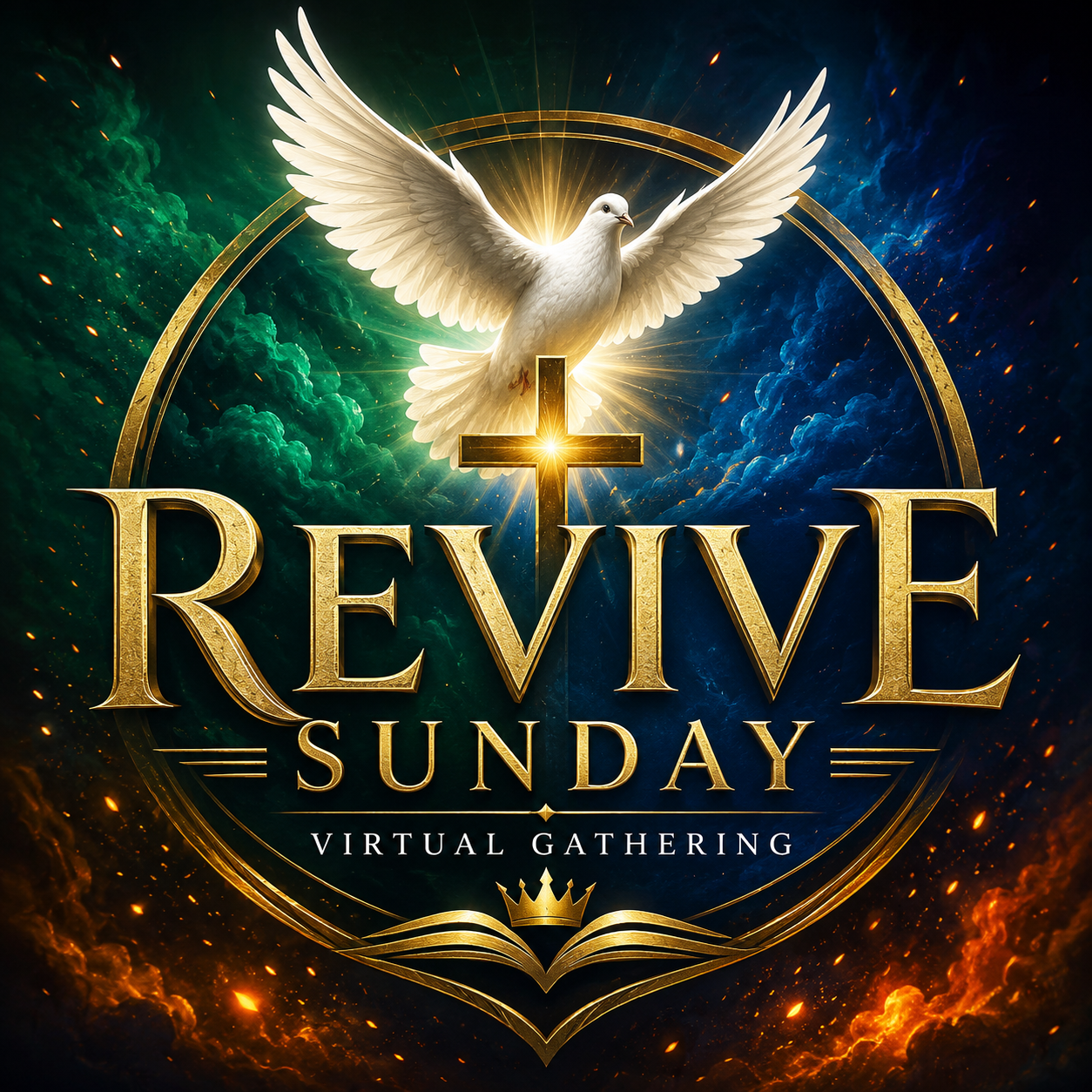 A white dove with outstretched wings flying above a golden cross, with a radiant backdrop of green and blue clouds and glowing particles, featuring the text 'Revive Sunday' and a subtitle 'Virtual Gathering' in gold lettering.