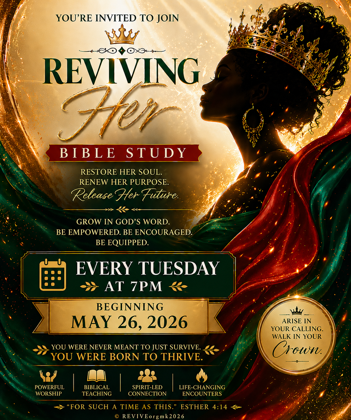 Invitation poster for a Bible study called 'Reviving Her,' starting May 26, 2026, every Tuesday at 7 PM. Features a silhouette of a woman with a crown, surrounded by colorful, glowing swirls and sparks. Includes motivational phrases and icons related to worship, biblical teaching, connection, and encounters.