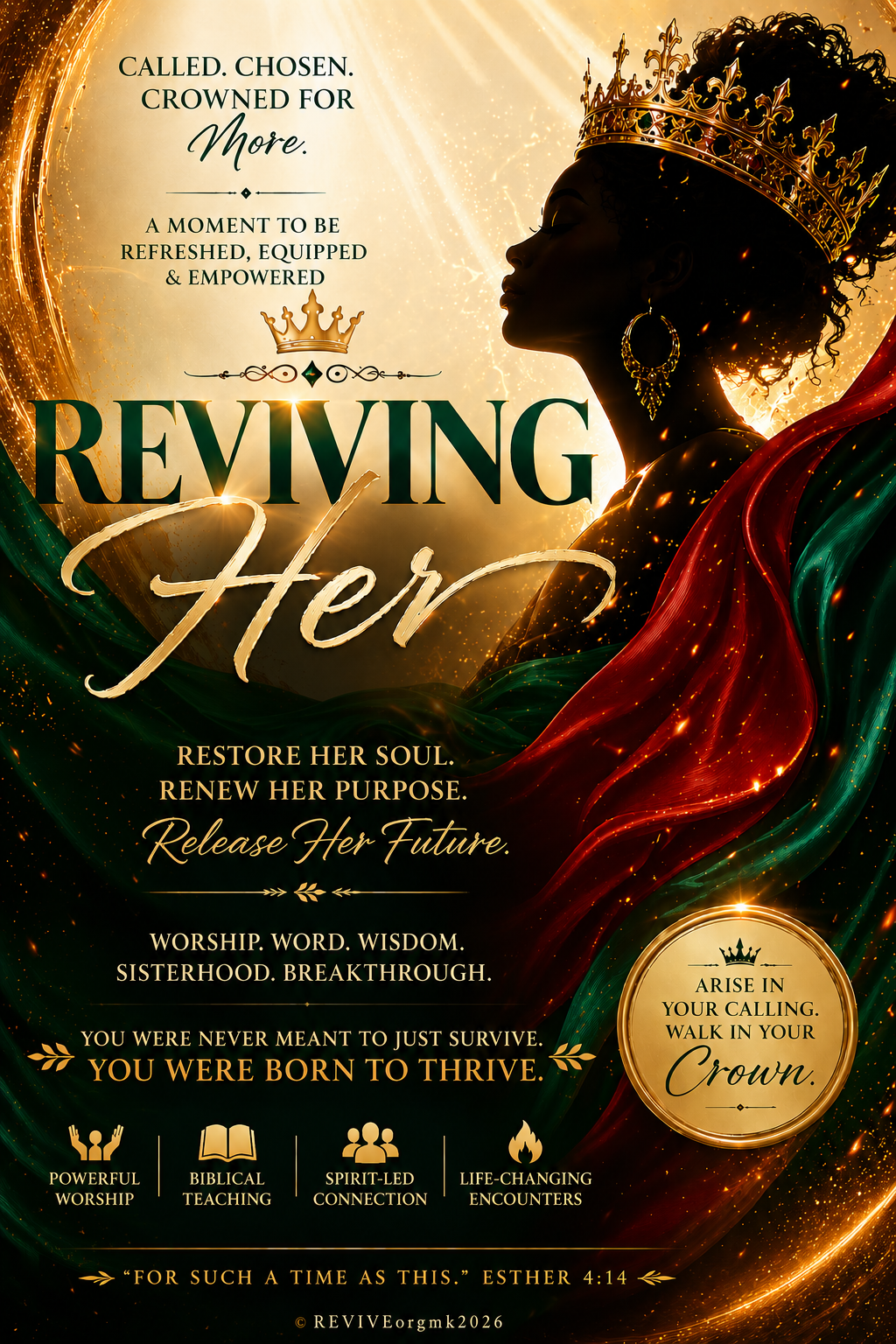 A promotional poster with a profile silhouette of a woman wearing a crown, surrounded by swirling red and green fabric. The poster features golden sparkles and text about spiritual revival, empowerment, and worship.
