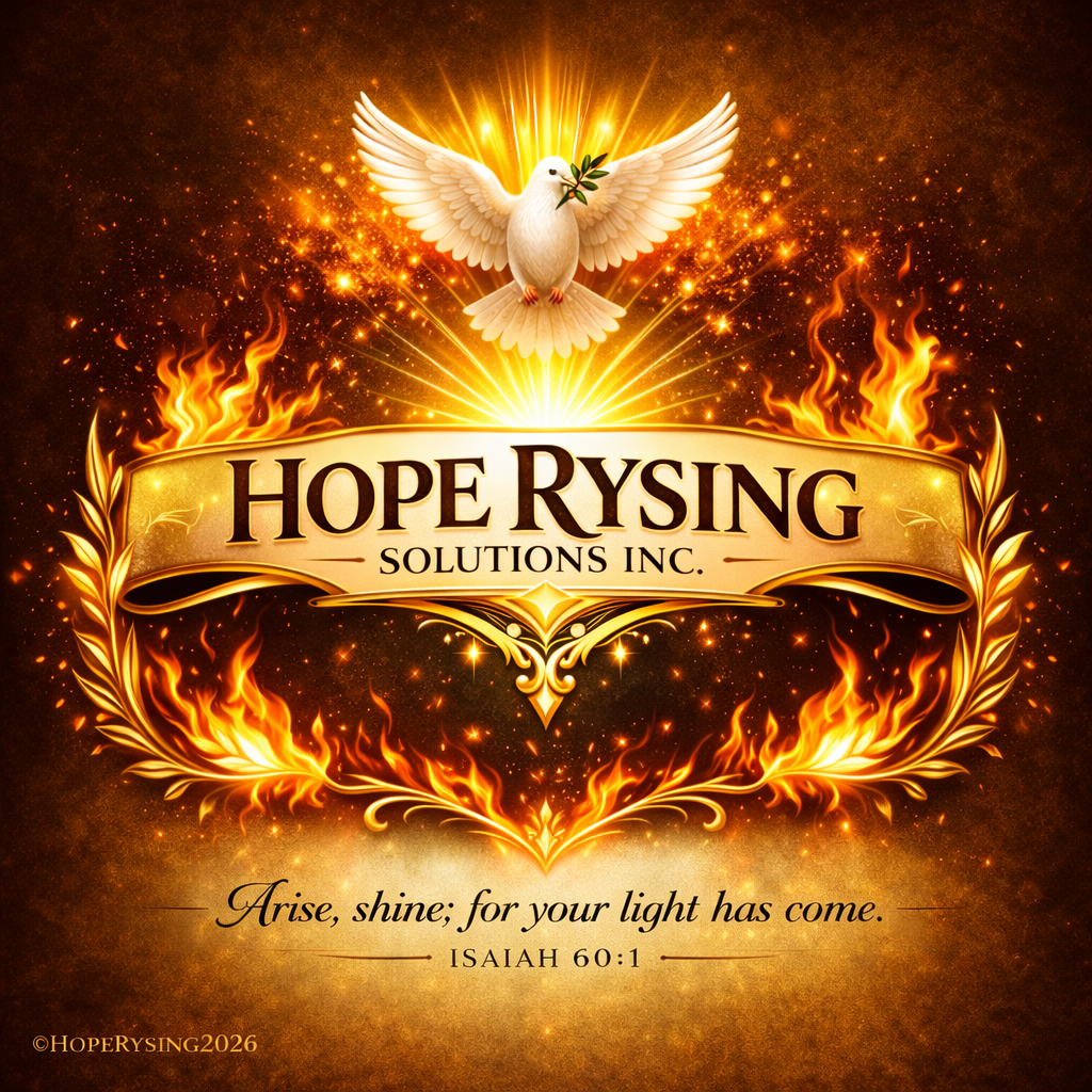 A glowing religious emblem with a dove holding an olive branch, surrounded by fiery decorative elements, and the text "HOPE RISING SOLUTIONS INC." along with a biblical quote from Isaiah 60:1.