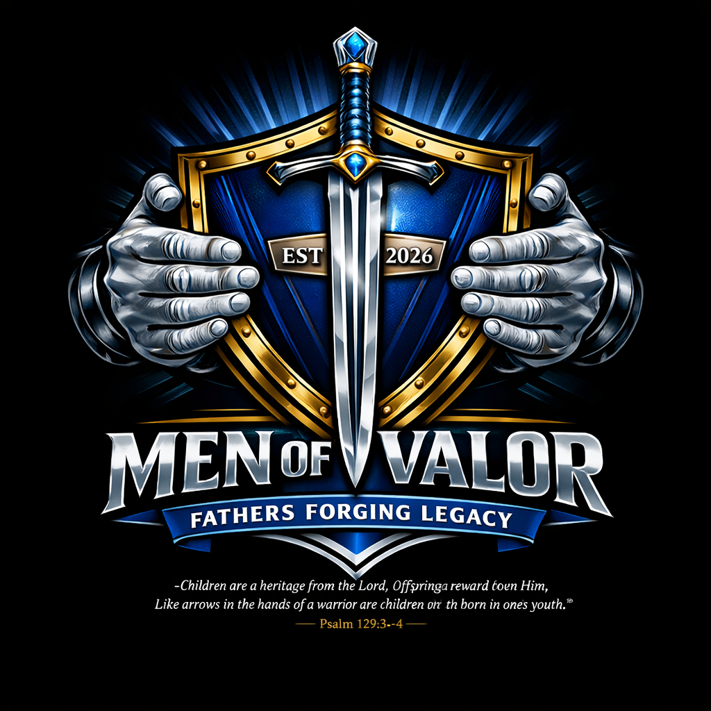 An illustration of a shield with a sword in the center, held by two armored hands, featuring a badge that says "EST 2026," with the text "MEN OF VALOR" and "FATHERS FORGING LEGACY," and a Bible verse from Psalm 129:3-4 at the bottom.