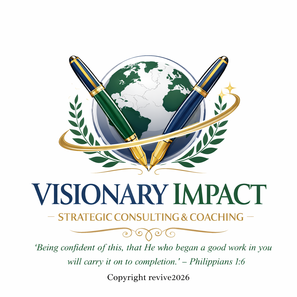 A logo for Visionary Impact featuring two pens crossing over a globe, with laurel branches on either side, and text that reads 'Strategic Consulting & Coaching' and a Bible verse from Philippians 1:6.