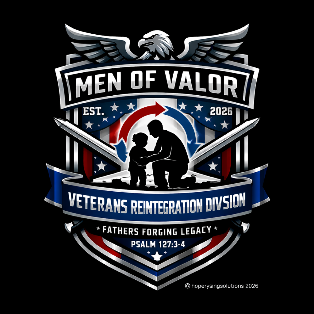 A logo for Men of Valor Veterans Reintegration Division with an eagle, two crossed swords, and a silhouette of a father kneeling and holding a child's hands, featuring red, white, and blue colors, and the text 'EST. 2026', 'FATHERS FORGING LEGACY', and a Bible reference to Psalm 127:3-4.