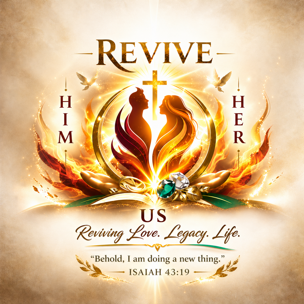 Religious artwork with silhouettes of a man and woman facing each other, surrounded by flames, a cross, doves, and decorative elements, emphasizing revival, love, and legacy with a biblical quote from Isaiah 43:19.