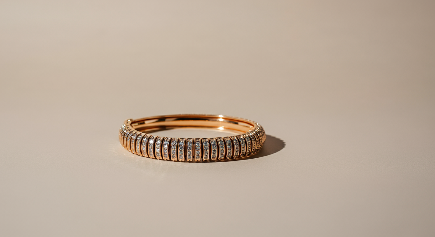 A rose gold bracelet with multiple small diamonds displayed on a beige surface.