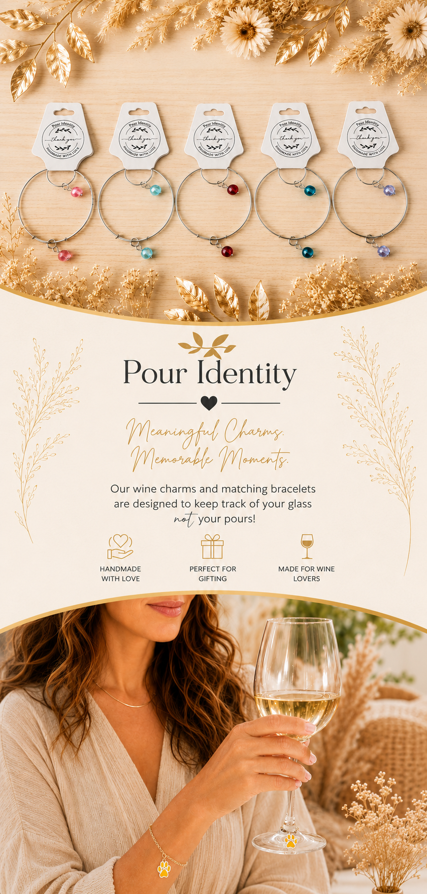 Display of five wine-themed charms on matching bracelets with tags labeled 'Pour Identity' at the top. The scene includes floral decorations and a person holding a glass of white wine with a bracelet featuring a paw print charm visible on their wrist.