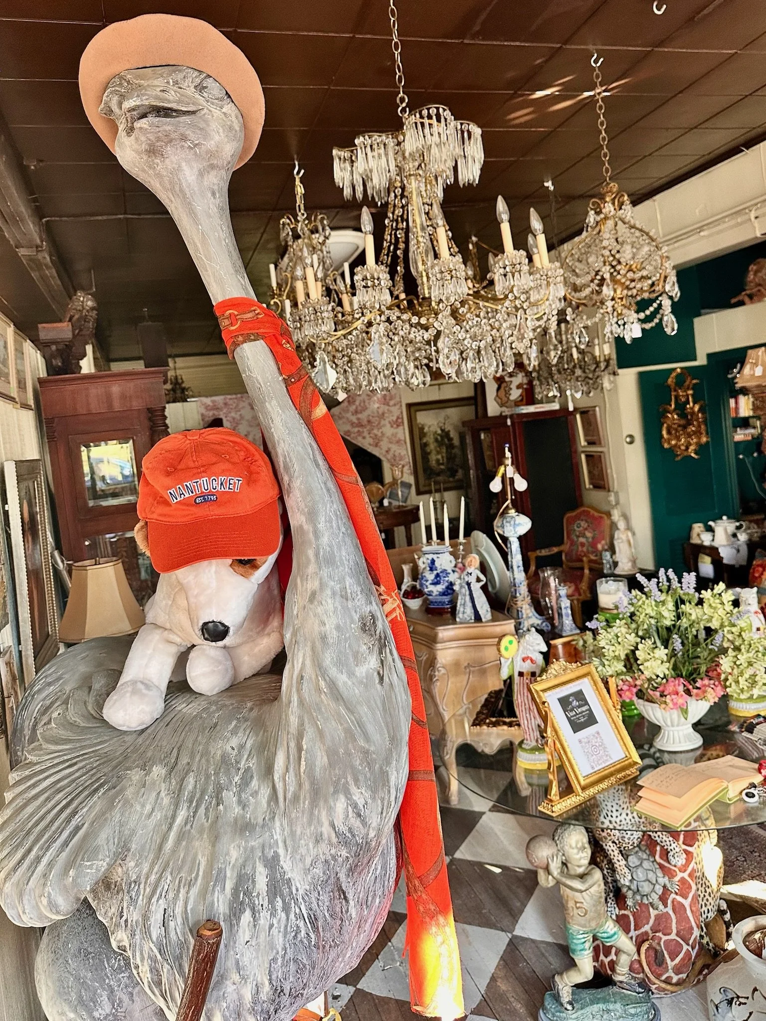Once inside the antique front door at Villa Vintiques, our ostrich greets you!