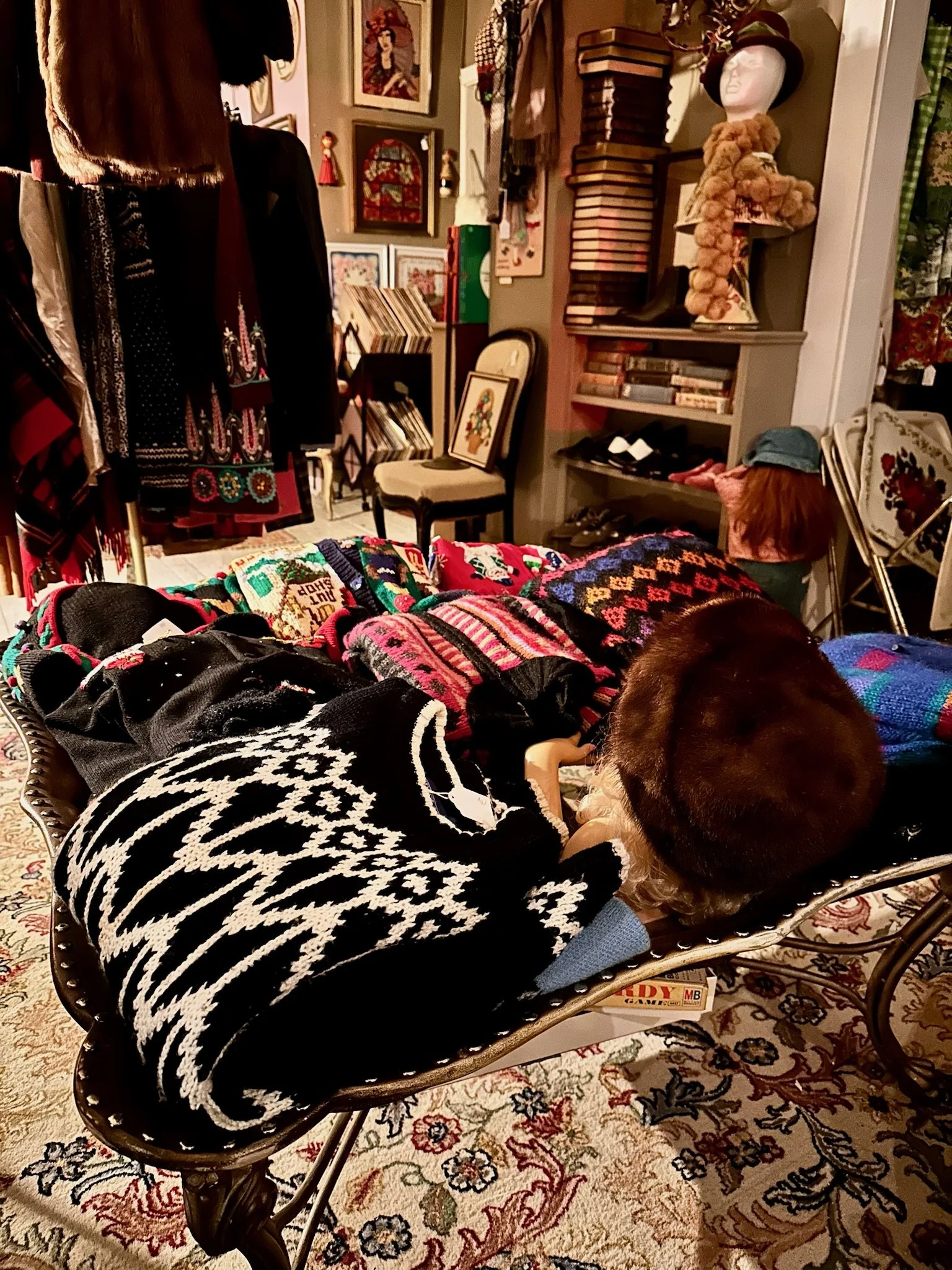 Upstairs at Villa Vintiques in winter- a nice selection of hand knitted wool sweaters.