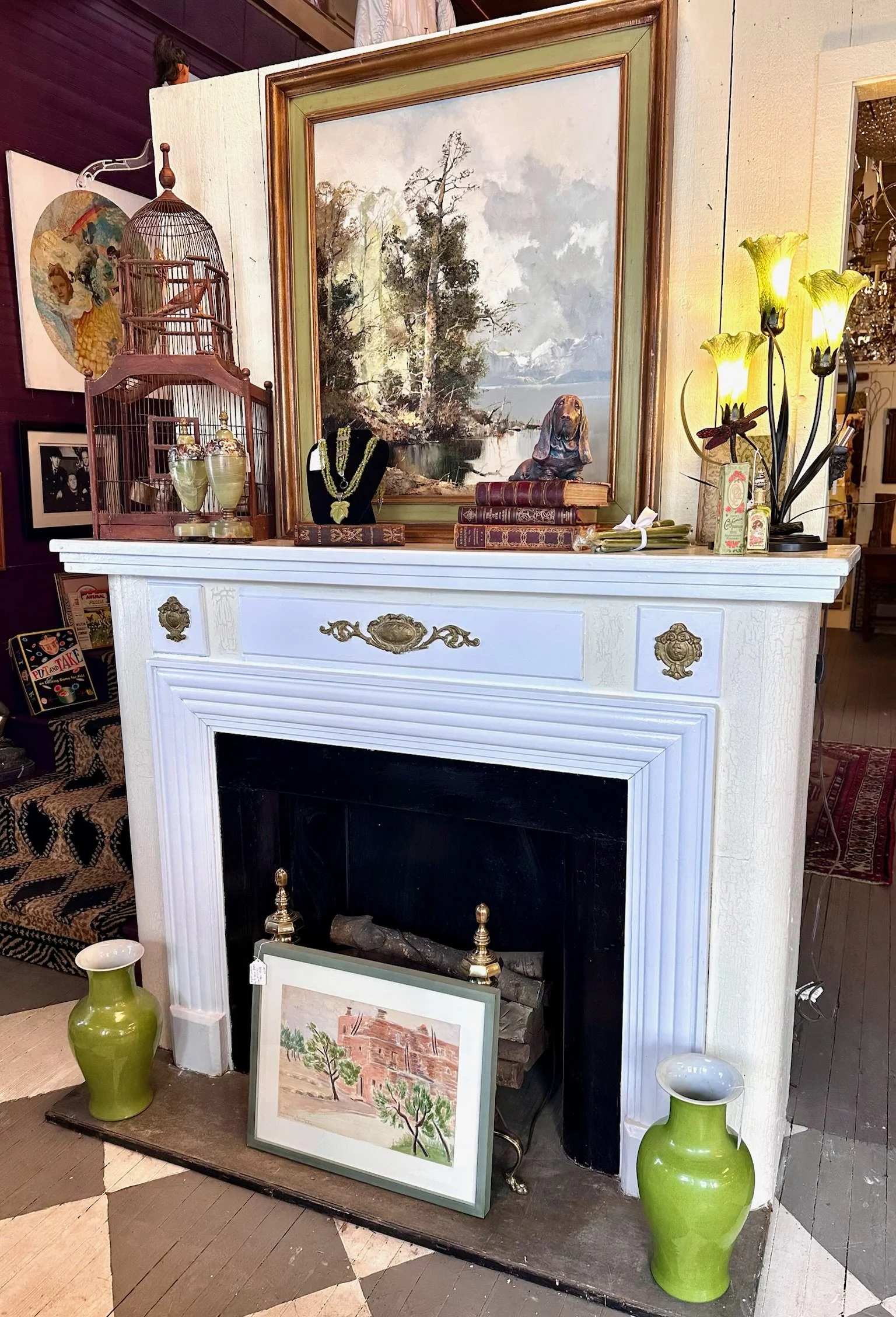 Fireplace mantle display inside Villa Vintiques.