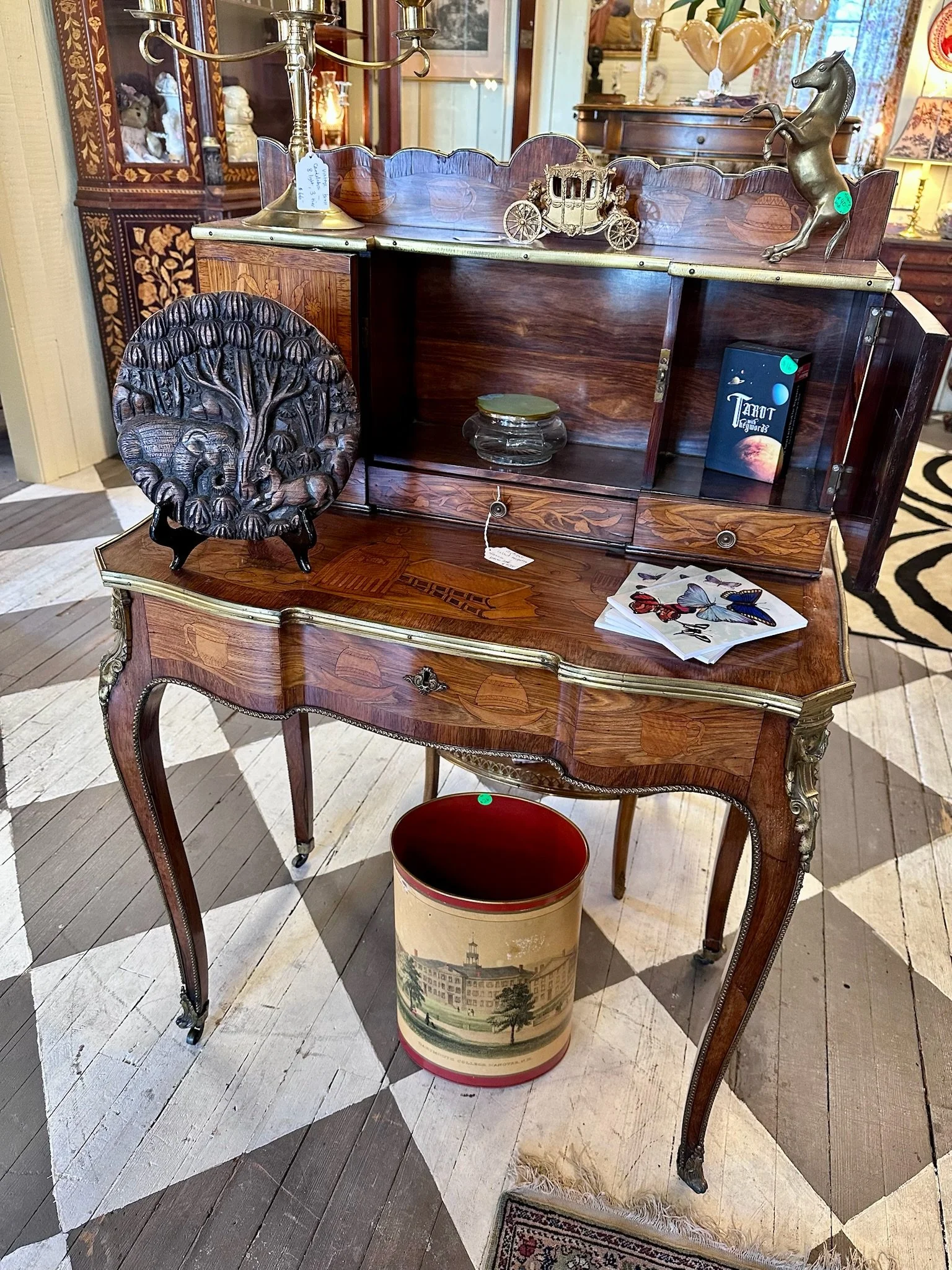 Antique French ladies writing desk for sale at Villa Vintiques, on the store’s hand painted harlequin wood floor.