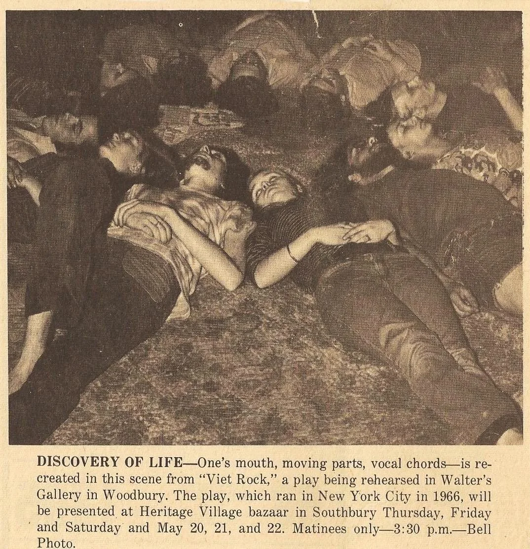 In the late 1960s, the store’s building was a high school kid hangout while it was called Walter’s Gallery. Shown is a newspaper clipping of teens lying on the floor in a scene from the play 'Viet Rock' during rehearsal at the store.