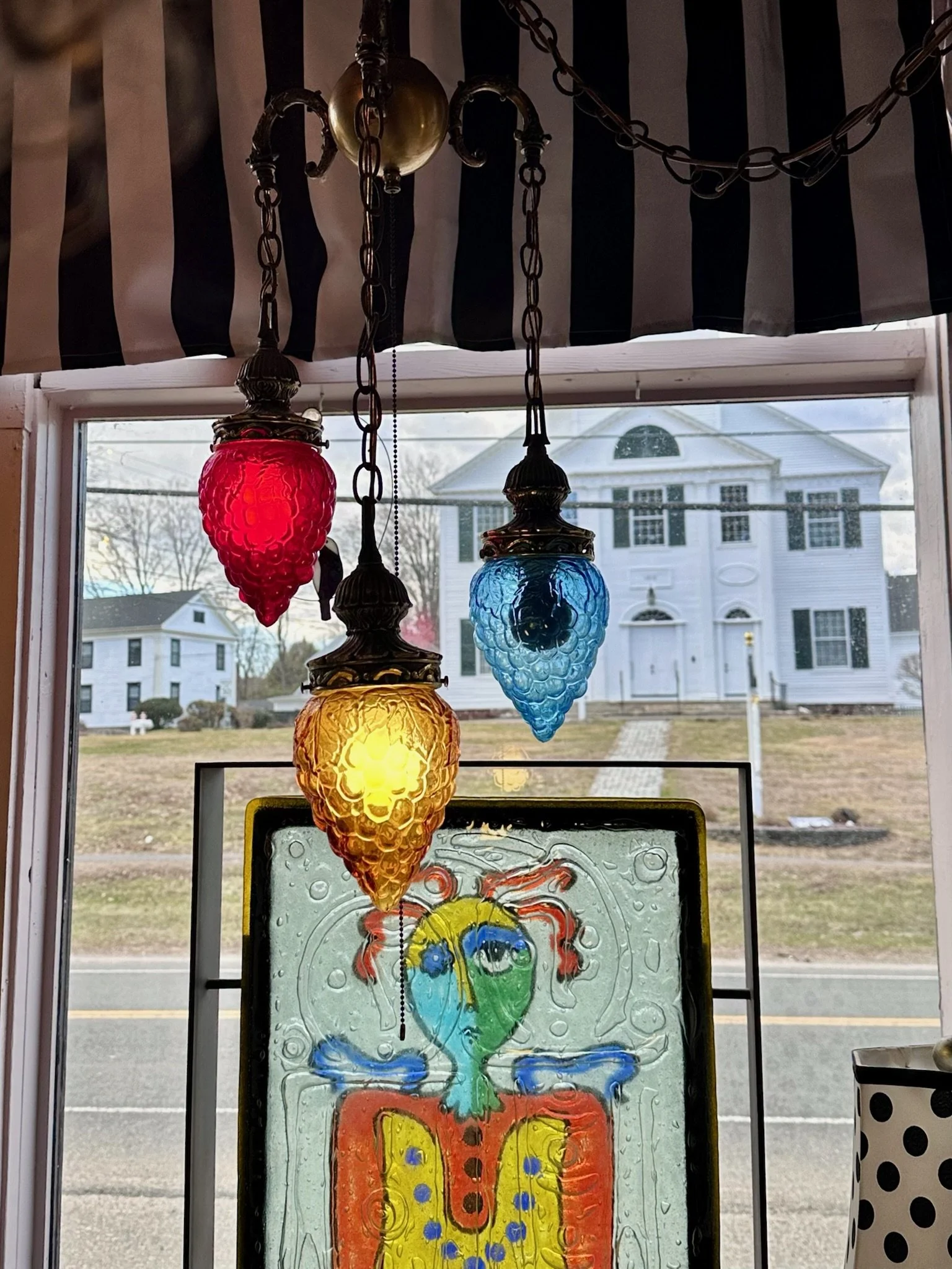Vintage 60s swag lamp or hanging pendant lamp for sale in the window at Villa Vintiques.
