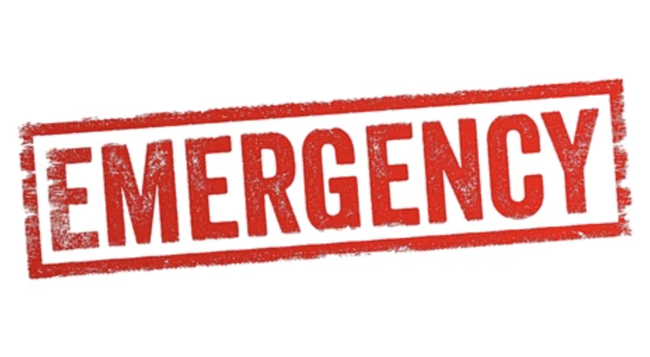 Red stamp-style text that reads "EMERGENCY" on a white background.
