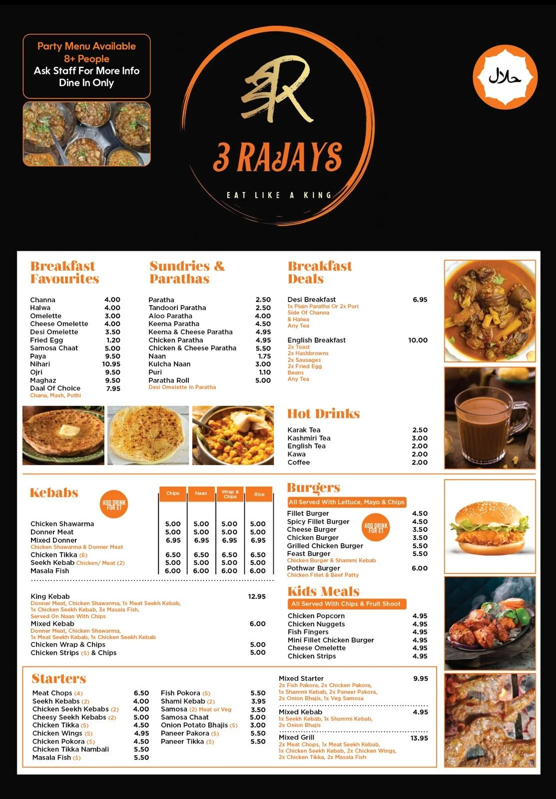 Menu from 3 Rajays restaurant featuring breakfast, lunch, drinks, kebabs, burgers, kids meals, starters, and special party menu for 8 or more people.