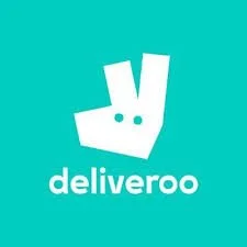 Deliveroo logo featuring an abstract, stylized kangaroo face with two dots for eyes on a teal background.