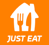 Orange logo with a house shape containing a fork and knife, and the words 'JUST EAT' beneath.