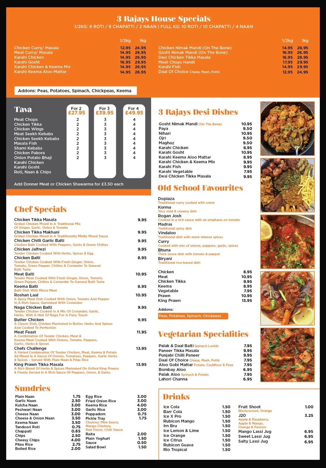 Menu for 3 Rajays House Specials, Desi Dishes, Chef Specials, Vegetarian Specialities, Sundries, and Drinks with images of various Indian dishes and drinks