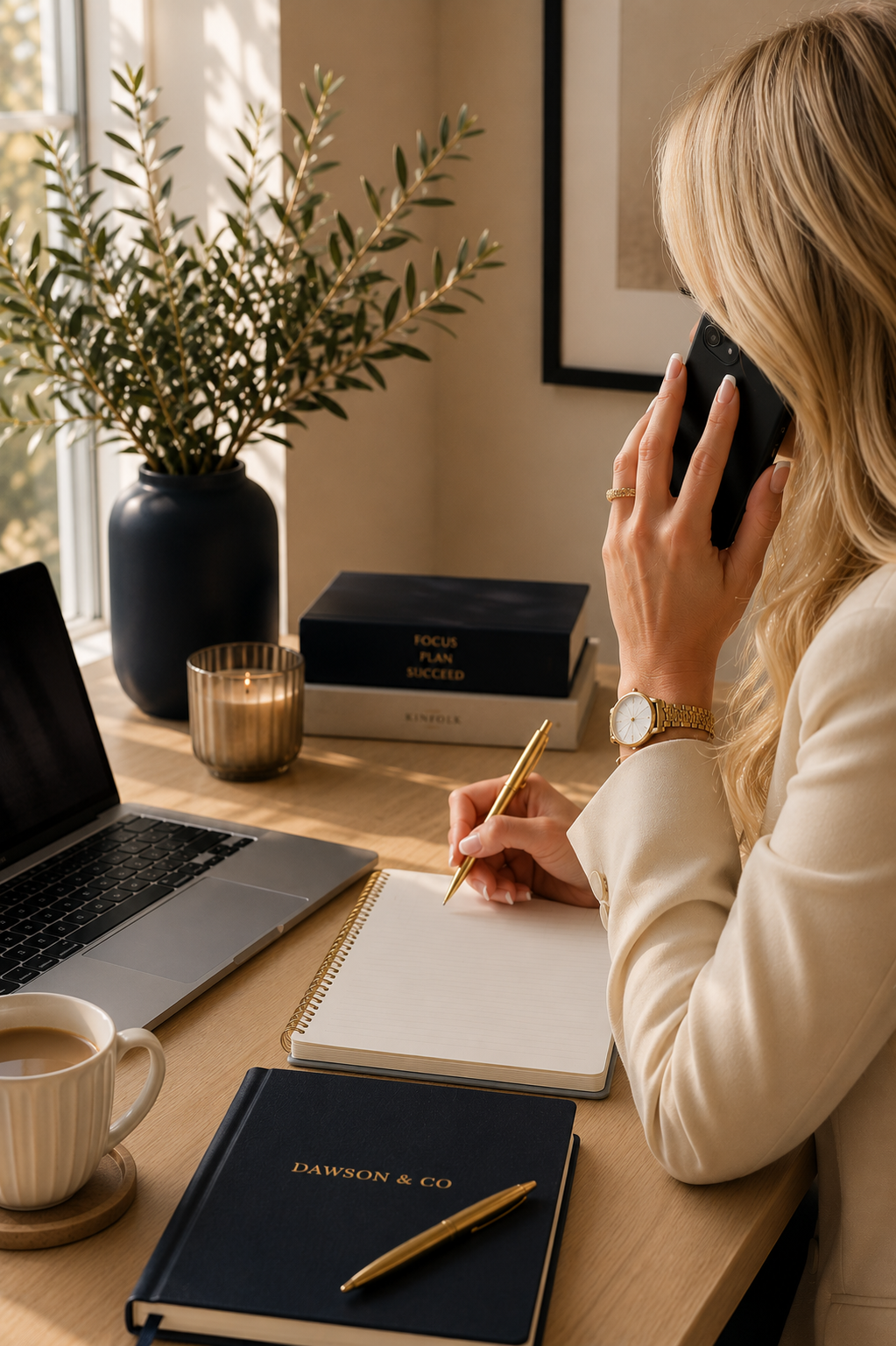 A woman working at a desk, holding a phone to her ear with her right hand and writing in a notebook with her left hand. The desk has a laptop, a cup of coffee, a gold pen, a black notebook with gold text, a candle, and a stack of books. There is a large vase with greenery on the desk and framed art on the wall.