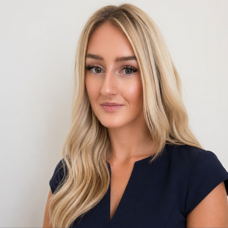 A woman with long, wavy blonde hair and blue eyes wearing a navy blue top against a plain white background.