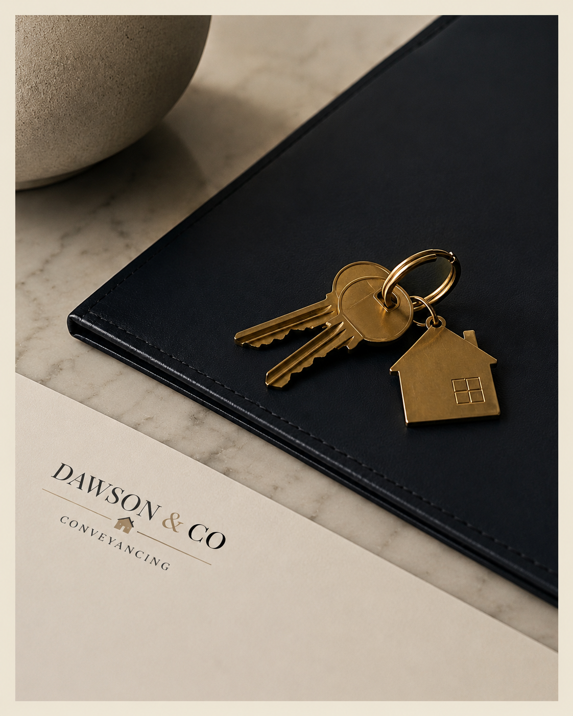 Close-up of keys and house-shaped keychain on black folder, on marble surface with Dawson & Co conveyancing document in foreground.