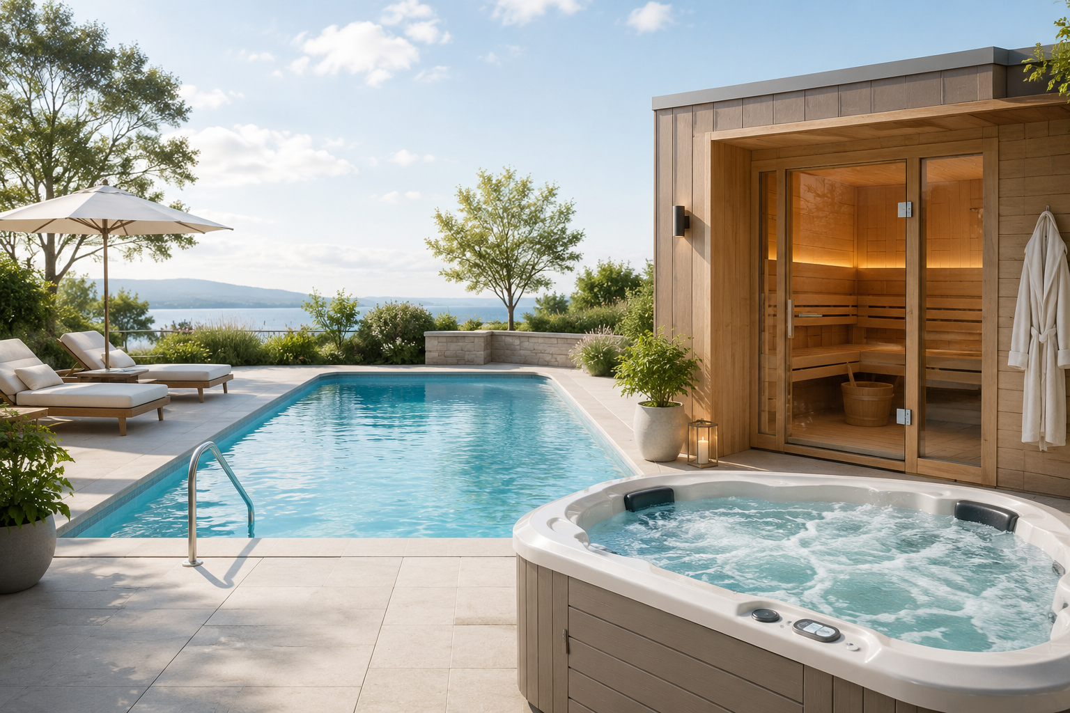 Outdoor pool area with lounge chairs, an umbrella, and a hot tub, overlooking a lake and trees.