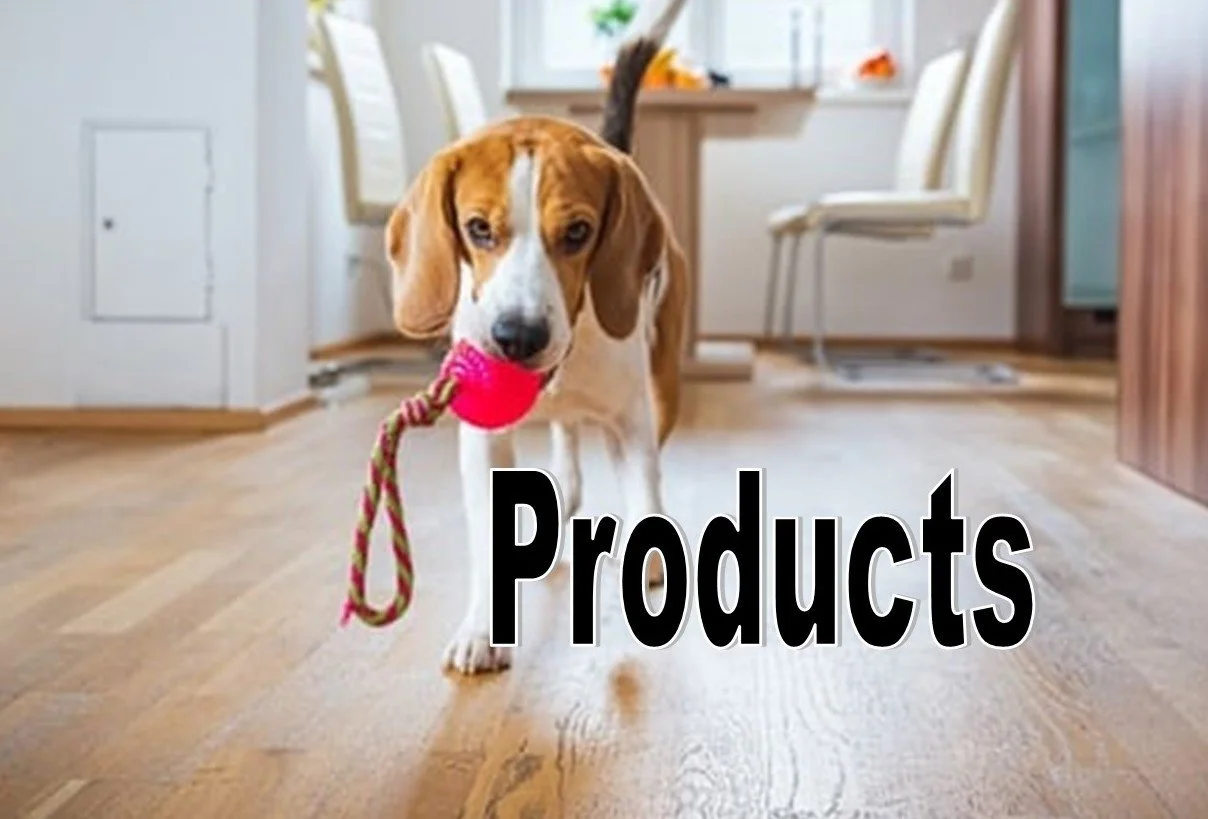 Dog holding a pink toy in its mouth with the word 'Products' overlayed at the bottom.