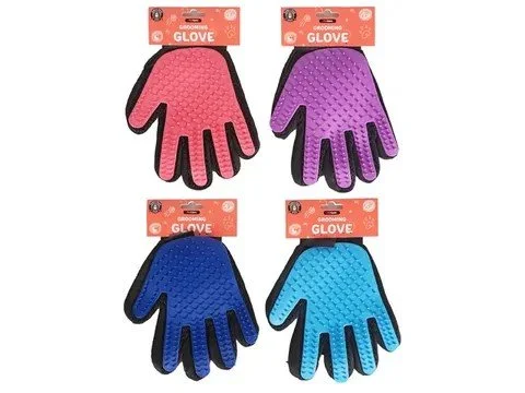 Textured grooming gloves in pink, purple, dark blue, and light blue.