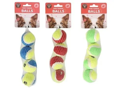 Three packs of mini tennis balls for dogs, each containing three balls in individual mesh bags. Suitable for small dogs and cats.
