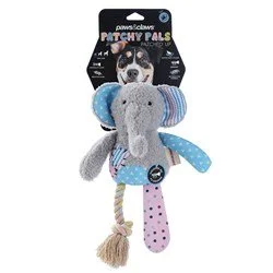 Cute elephant plush toy with a gray body, blue ears, and a pink polka dot tail, attached to colorful strings and other soft fabric textures.