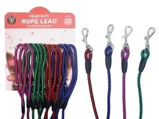 Heavy Duty Rope Leads with metal clips, featuring green, black, red, blue, purple, and green colors.