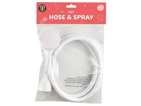 A pet shower hose and spray set in clear plastic packaging with red and white label, including a white hose and a spray nozzle.