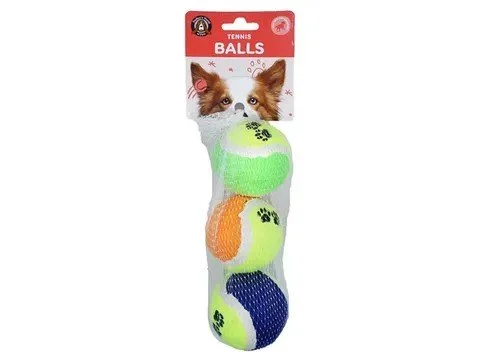 Four tennis balls, each with paw print designs, suitable for all dogs.