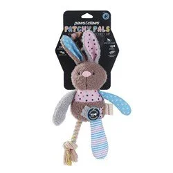 Plush bunny toy with pastel-colored limbs and ears, wearing a polka-dotted scarf, attached to a packaging card.