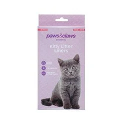 Packaging of Paws & Claws kitten litter liners with a picture of a gray kitten.