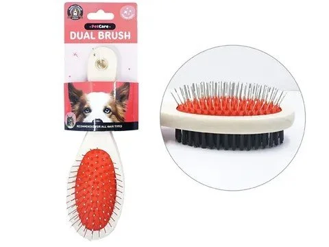 Pet grooming dual brush with red bristles and black base for all pet types.