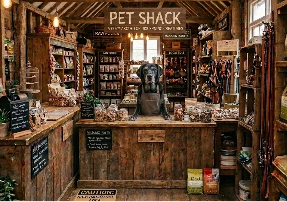 Our Dog "Odd" standing behind a wooden counter at a pet shop named Pet Shack, surrounded by shelves of pet supplies and treats.