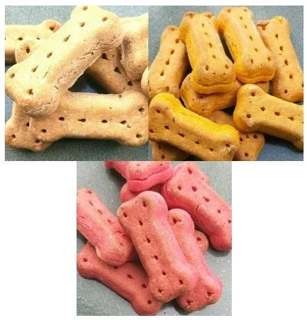 Dog biscuits in 3 flavours.