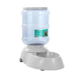 Automatic pet water dispenser with a water container and a feeding bowl
