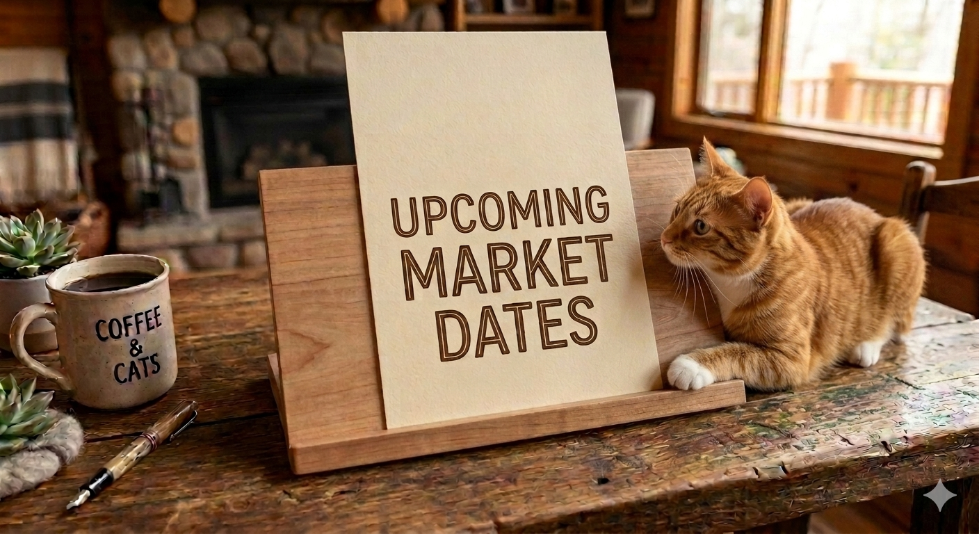 A wooden table in a cozy room with a sign reading 'Upcoming Market Dates,' a coffee mug labeled 'Coffee & Cats,' succulent plants, a pen, and an orange tabby cat lying next to the sign.