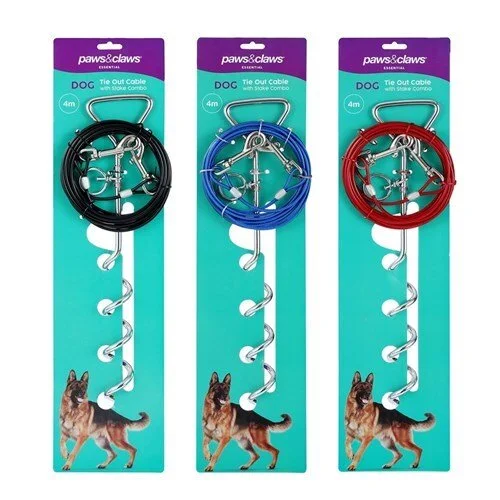 Three dog tie-out cables in black, blue, and red, each with a metal stake, placed in packaging with a German Shepherd illustration at the bottom.